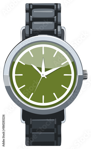 Close up of a silver and green analog wristwatch with a metal band