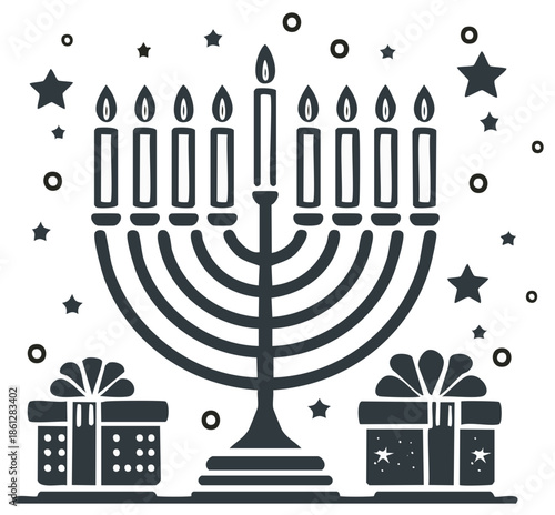 Black and white Hanukkah menorah illustration with nine candles and gifts