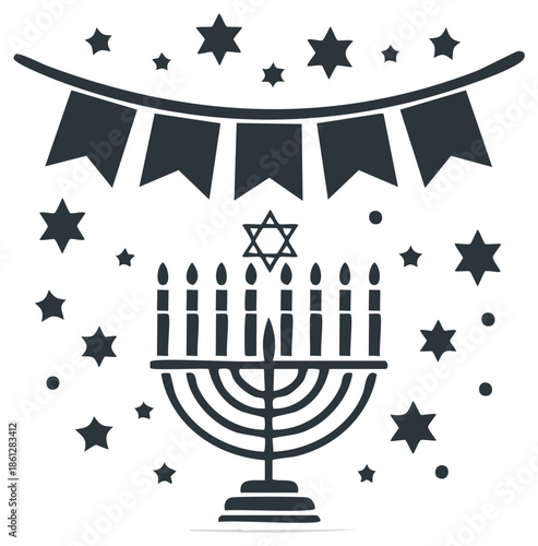 Hanukkah menorah with candles and star of David surrounded by festive bunting and decorative stars