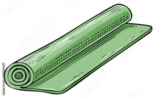 Green yoga mat partially unrolled for fitness and exercise illustration