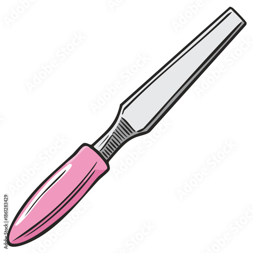 Cartoon illustration of a metal nail file tool with pink handle