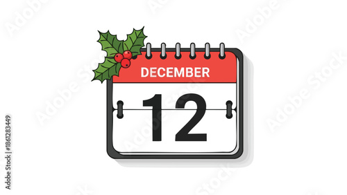 Vibrant calendar icon displaying December 12th with a festive holly sprig, symbolizing the exciting anticipation of the winter holiday season and