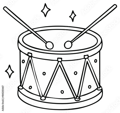 Cartoon drum with drumsticks and star symbols, musical instrument