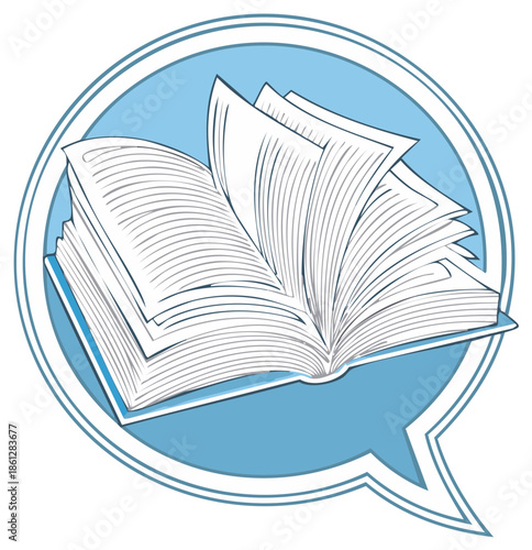 Learning and communication symbol open book with fanned pages in blue speech bubble graphic