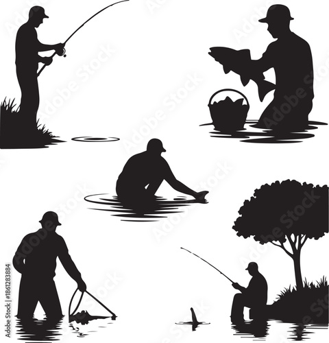 Silhouette illustrations of people engaged in various fishing activities