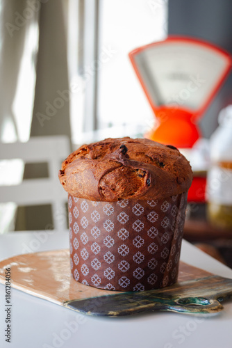 Panettone with store background