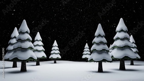 Snow covered pine trees against a dark sky