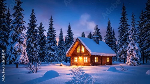 Snow covered cabin in winter forest with warm glowing lights