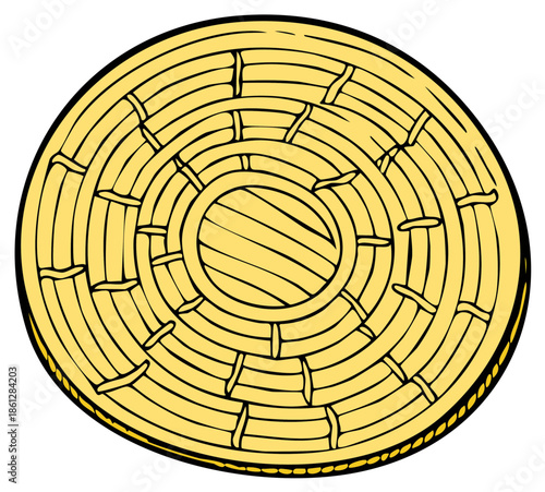 Circular woven basket natural straw texture with central oval design