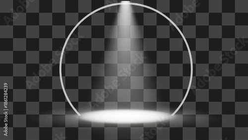 Stage spotlight beam effect, glowing circular arch frame, empty presentation scene, transparent background graphic element