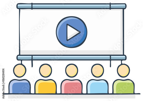 Line art people attending a video presentation in front of a screen with a play button, seminar, workshop