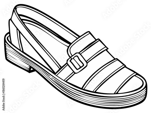 Hand drawn black and white illustration of a classic buckle sandal with straps