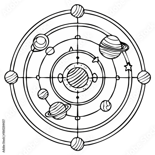Black and white line drawing of a stylized solar system diagram with planets and orbits within a circle