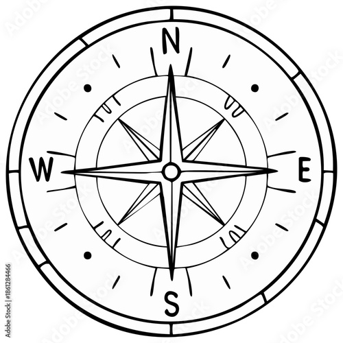 Stylized black and white compass illustration representing travel adventure and finding direction