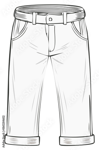 Vector illustration of rolled cuff pants with belt fashion sketch apparel template