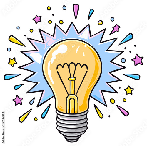 Cartoon light bulb radiating colorful energy - concept illustration of bright ideas