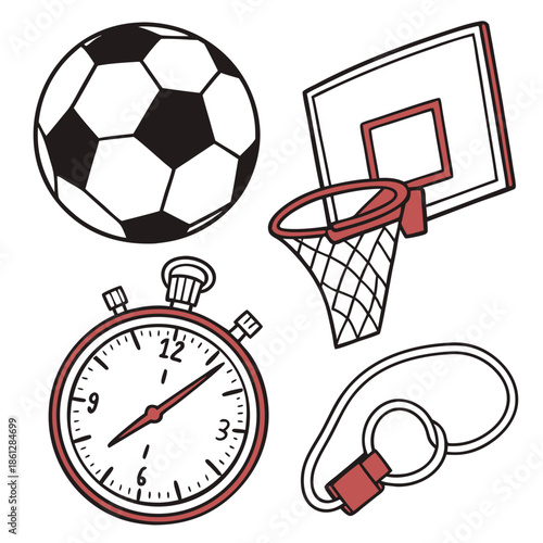 Illustration of a soccer ball, basketball hoop, stopwatch, and whistle with a white background design