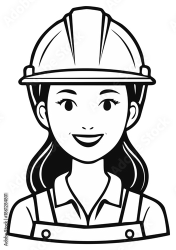 Smiling female construction worker wearing hard hat and overalls line art illustration