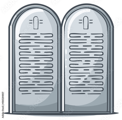 Cartoon tablets with text and symbols representing divine laws and commandments