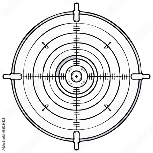 Sniper scope reticle illustration with crosshairs and concentric circles for aiming at a target