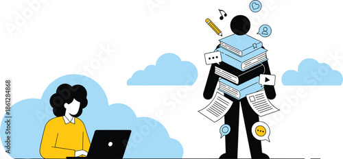 Digital overload, multitasking education, modern learning stress, information chaos, academic pressure, tech distraction, productivity challenge, flat vector illustration