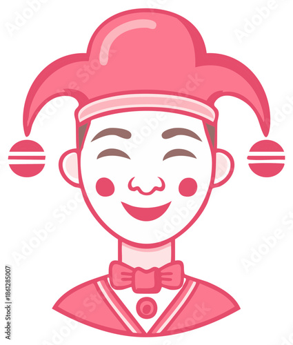 Happy smiling jester character in a pink costume with a fools cap vector illustration