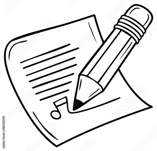 Pencil writing musical note on paper, creative process concept