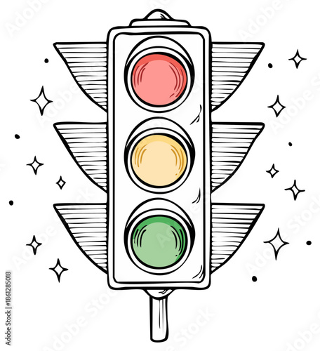 Illustration of a traffic light with red, yellow, and green signal lights.