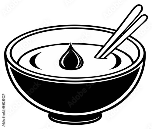 Black and white graphic of bowl of soup with chopsticks and falling drop of liquid for asian food illustration