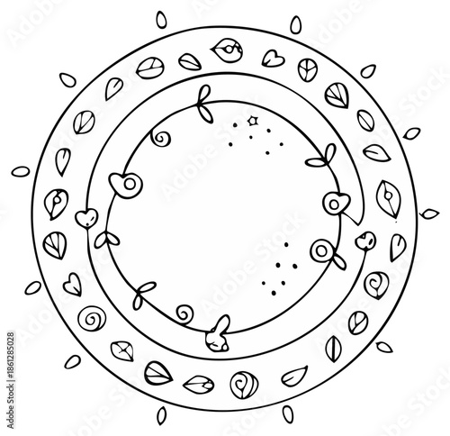 Whimsical Hand Drawn Circular Floral Wreath with Heart and Leaf Motifs