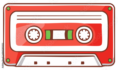 Nostalgic red analog music cassette tape flat cartoon style vector illustration