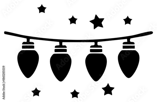 String of decorative holiday lights and stars illustration on the white background, graphic black line art