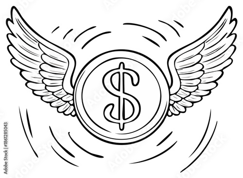 Flying Money Concept Illustration with Wings and Dollar Sign on a Coin