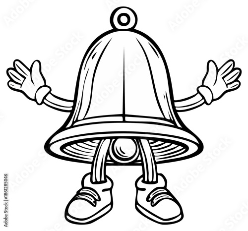 Cartoon bell character with arms and legs waving happily
