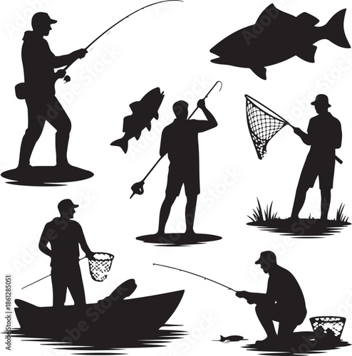 Silhouettes of people fishing in different styles and poses
