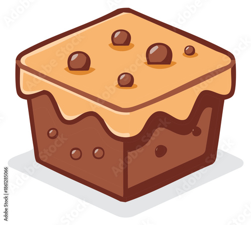 Delicious chocolate brownie with caramel frosting and chocolate chips in isometric view