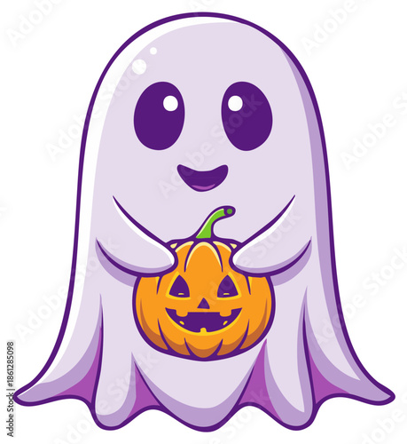 Cartoon ghost holding a carved pumpkin for Halloween celebration