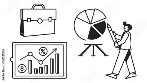 Illustration of a business presentation with a briefcase, tablet, pie chart, and a presenter holding a pencil