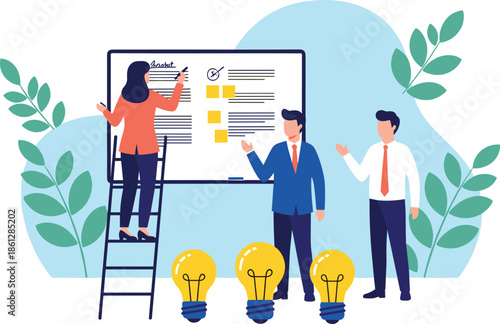 Product planning session, team collaboration, idea generation, strategic workflow, whiteboard concept, business creativity, flat design, vector illustration