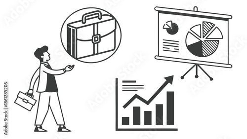 A man with a briefcase looking at a briefcase in a circle with charts and a presentation board nearby