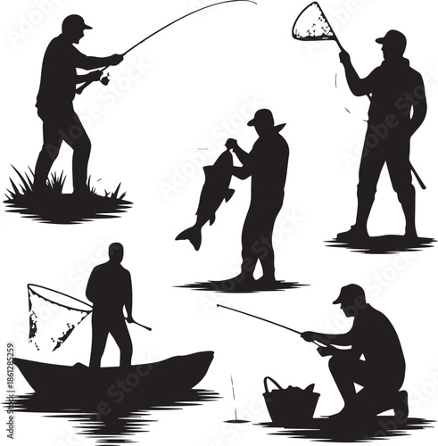 Silhouettes of people engaging in various fishing activities by the water