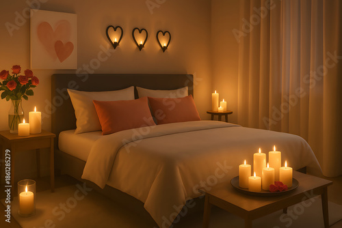 romantic bedroom with soft candlelight, red roses, and heart-shaped wall sconces creating intimate atmosphere for couples anniversary celebration