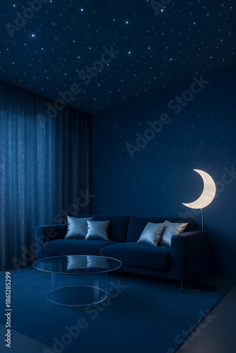 modern living room with blue sofa, glass coffee table, and crescent moon lamp under starry ceiling creating magical night atmosphere for relaxation