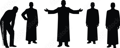 Set of Five Figures in Long Robes Silhouette, Priest, Judge, Graduation Gown, Academic, Religious Leader, Preacher, Lawyer, Minister, Educator Vector.