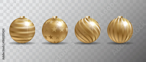 Merry Christmas and Happy New Year holiday golden ornaments. Gold Christmas baubles metal balls.