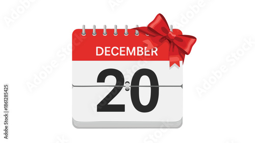 Festive December Twentieth Calendar Icon with Elegant Red Bow Highlighting a Special Event or Important Date for Holiday Celebrations and