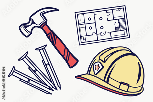 Illustration of construction tools including a hammer nails blueprint and a hard hat on a white background