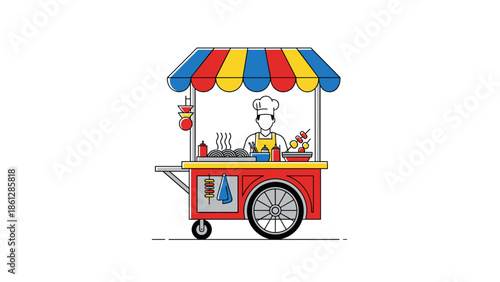Colorful food cart with chef preparing meals on a sunny day  