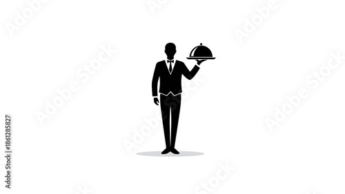 Black silhouette of waiter holding cloche on white background  