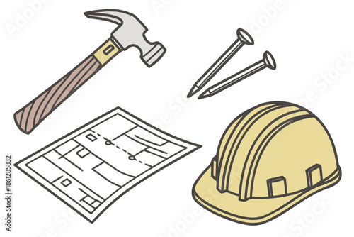 Illustration of a hammer nails blueprint and hard hat representing construction and building projects